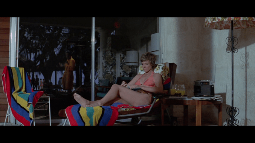 Screengrab from The Tamarind Seed showing Julie Andrews reclining in front a glass door that Omar Sharif is reflected in, making it look like they're next to each other