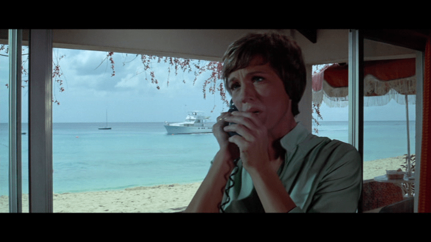 Screengrab from The Tamarind Seed showing Julie Andrews talking on the phone in front of a window through which you can see a boat