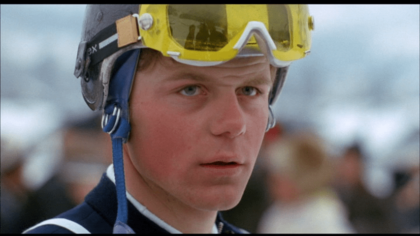 Screengrab from Downhill Racer showing the aforementioned German skier catching the eye of Dave Chappellet.
