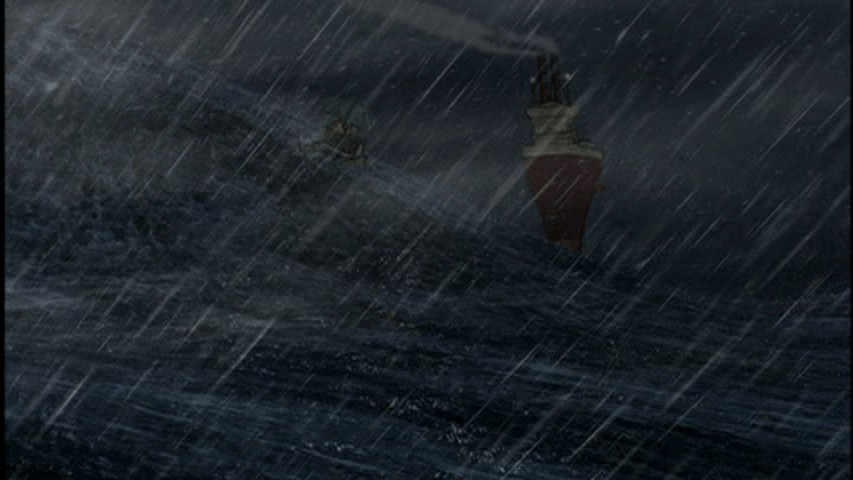 Screengrab from The Triplets of Belleville showing a paddleboat chasing an ocean liner through a storm