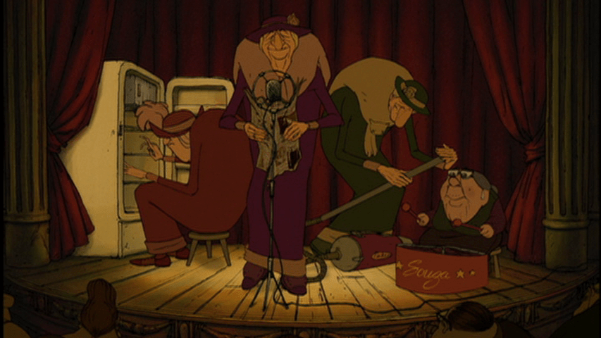 Screengrab showing the triplets of Belleville performing with Madame Souza