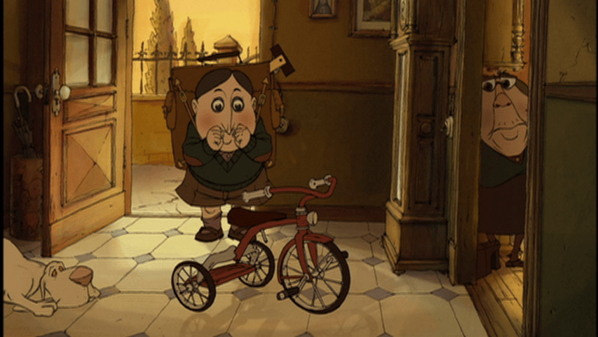 Screengrab from The Triplets of Belleville showing Madame Souza giving Champion a bike.