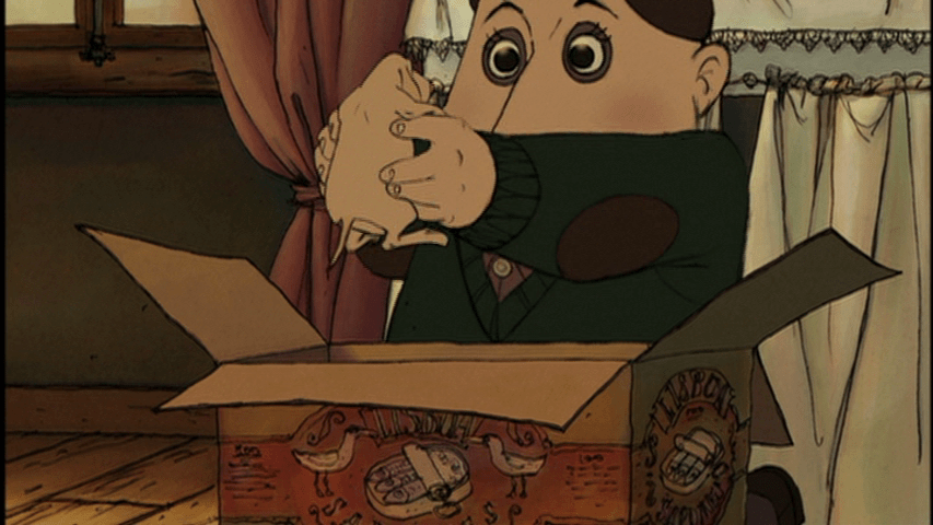 Screengrab from The Triplets of Belleville showing Madame Souza giving Champion a dog.
