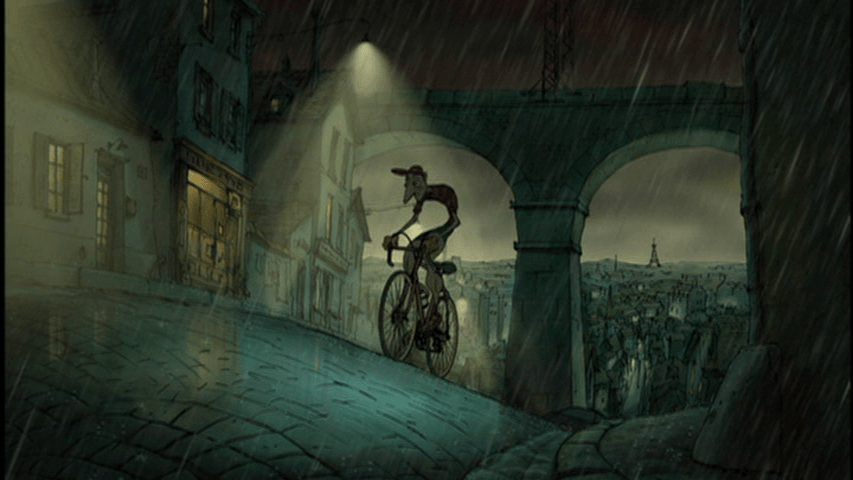 Screengrab from The Triplets of Belleville showing Champion on a training ride