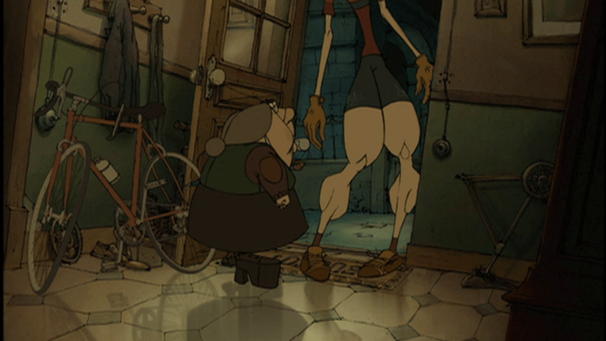 Screengrab from The Triplets of Belleville showing Champion and Madame Souza returning home from their training ride