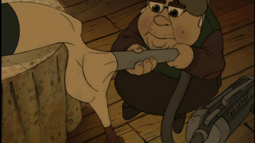 Screengrab from The Triplets of Belleville showing Madame Souza vacuuming Champion's calves