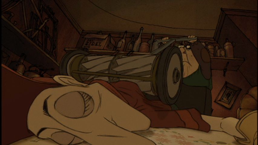 Screengrab from The Triplets of Belleville showing Madame Souza massaging Champion's back with a push lawnmower