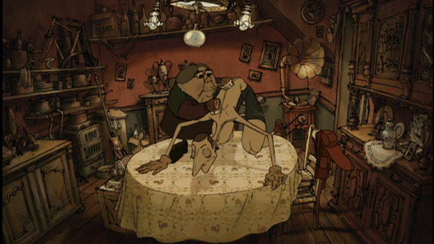 Screengrab from The Triplets of Belleville showing Madame Souza scrubbing Champion down with brushes