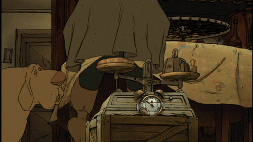 Screengrab from The Triplets of Belleville showing the device Champion is sitting on which regulates his food consumption