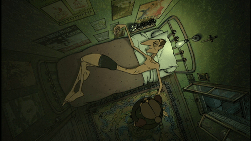 Screengrab from The Triplets of Belleville showing Champion asleep in bed