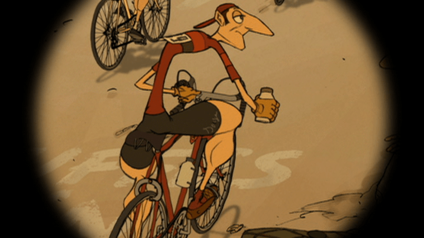 Screengrab from The Triplets of Belleville showing Champion as seen through Madame Souza's binoculars