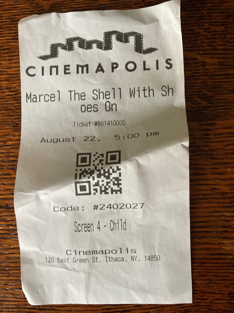 Picture of a ticket stub from a Cinemapolis screening of Marcel the Shell with Shoes On