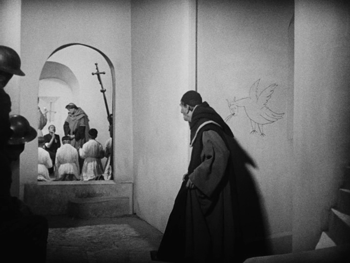 Multi-level composition showing a judge watching as Joan is given communion