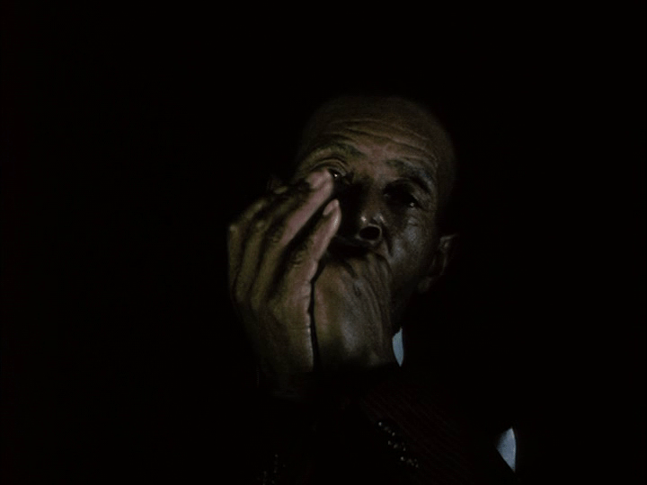 A man plays the harmonica in dramatic lighting