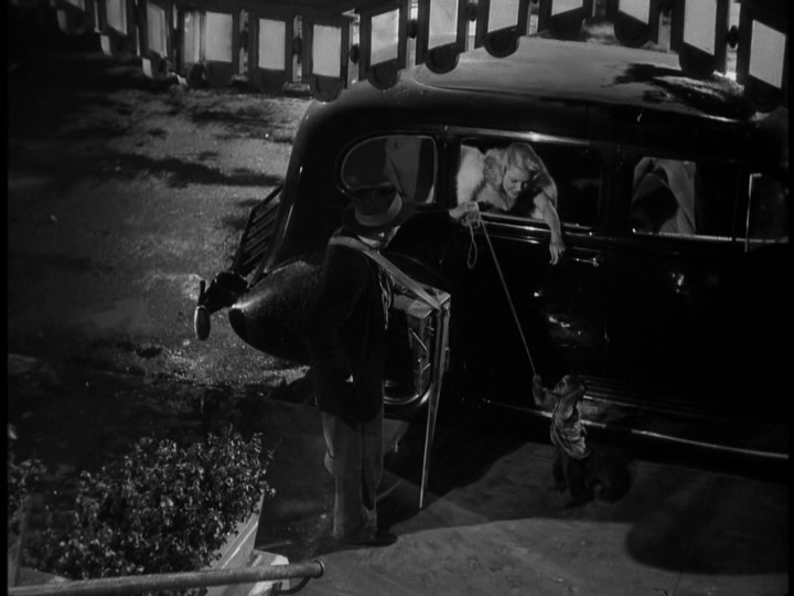 A woman holds out her hand to an organ grinder's monkey from the back seat of an expensive car