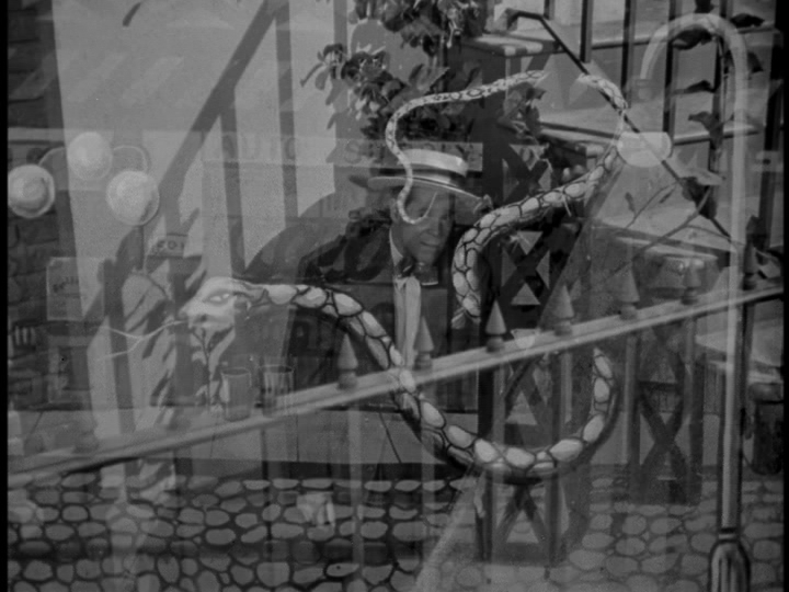 Dissolve from a shot of Johnny to a snake in one of Chris's paintings