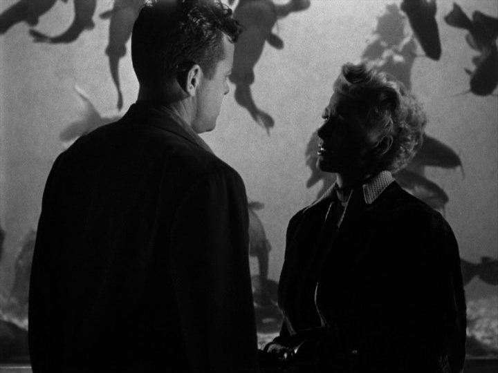 Michael and Else talk as sharks swim in the tank behind them