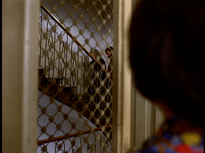 Over-the-shoulder shot of Ali and Emmi going up the stairs behind a metal screen