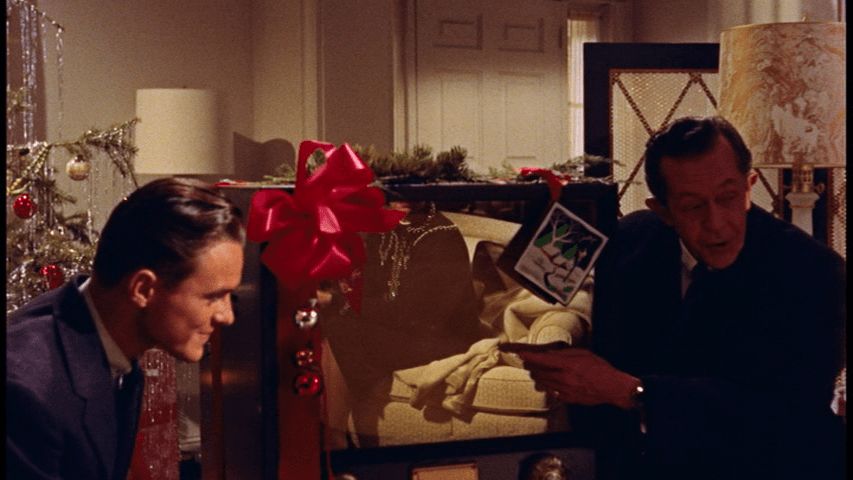 Medium shot of Cary's son Ned (William Reynolds) and a salesman (Forrest Lewis) presenting her with a television