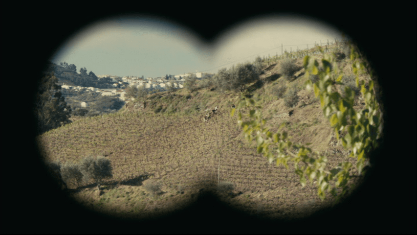 Binoculars-shaped POV shot showing laborers at work