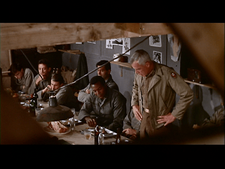 Overhead shot of Lee Marvin's Major John Reisman addressing his men