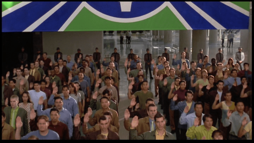 Continuation of the previous shot: the dancing students have been replaced by rows of youths taking an oath of federal service