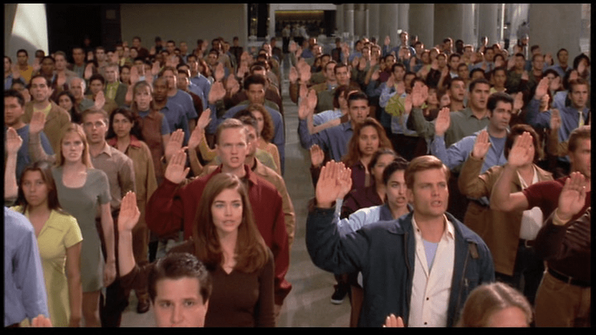 Continuation of the previous shot: the camera has come to rest on Johnny, Carl, and Carmen