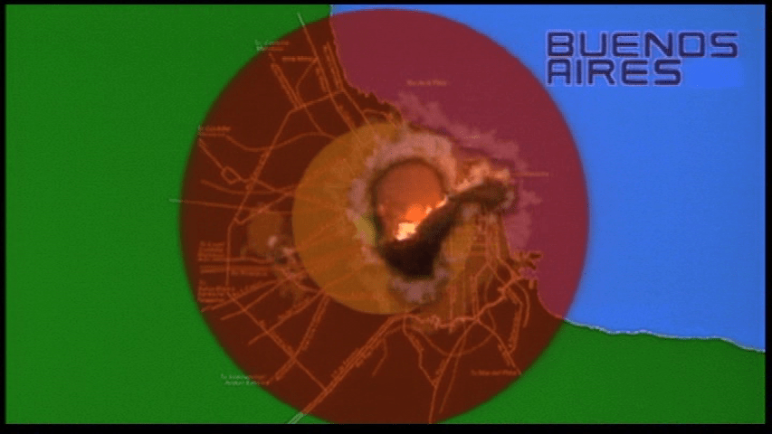 Map of Buenos Aires with concentric red circles around it and a cigarette burn in the center