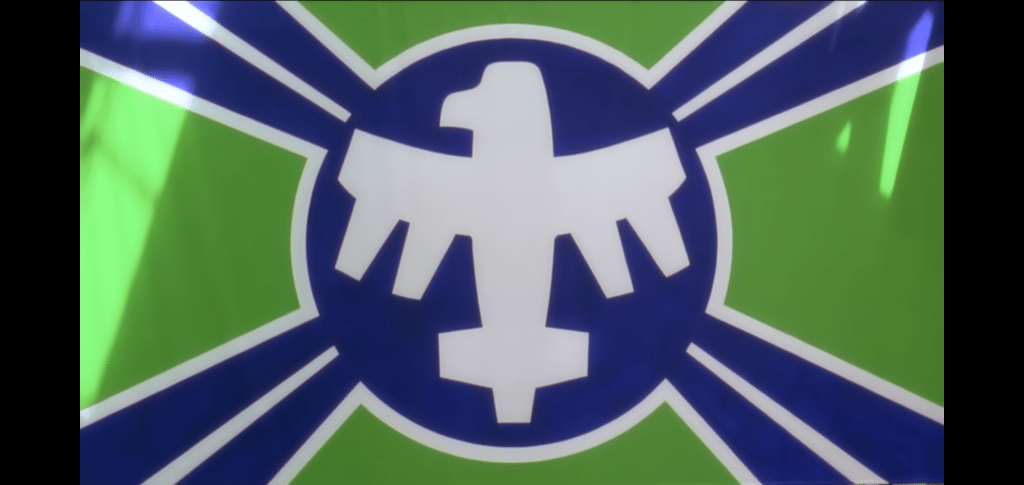 Close-up of the Terran Federation flag, which is emblazoned with a falcon that looks an awful lot like the one in the previous image