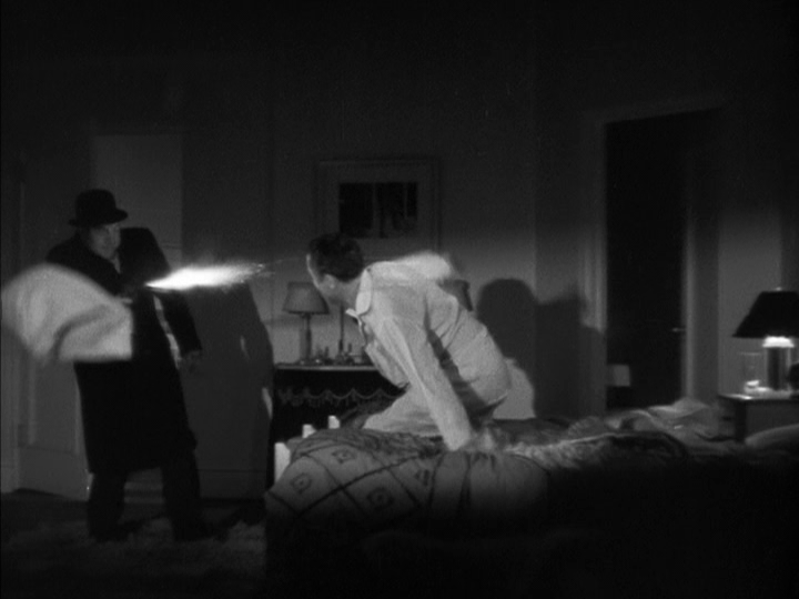 Continuation of the previous image: the gun discharges, but the shooter misses because the pillow impacted his aim