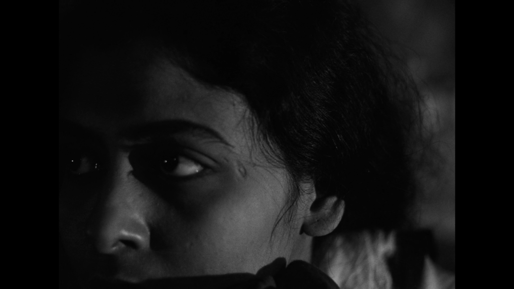 Extreme close-up of Nita, facing screen left, lit the same way as her father