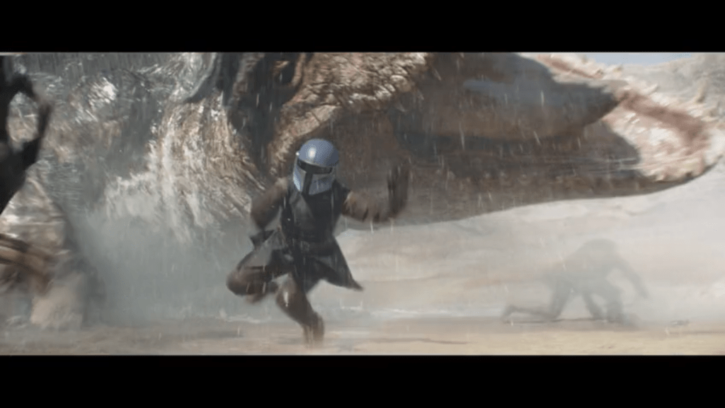 Medium long shot of the Dinosaur Turtle knocking Ragnar Vizsla to the ground