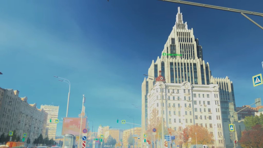 POV shot of a monumentalist skyscraper