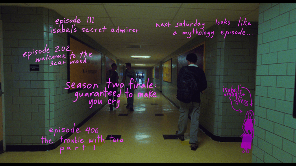 Continuation of the previous image: Owen, who is now farther away from the camera, continues to talk as text and drawings which we understand to be the ones from the tapes Maddy is making for him appear on the screen in pink