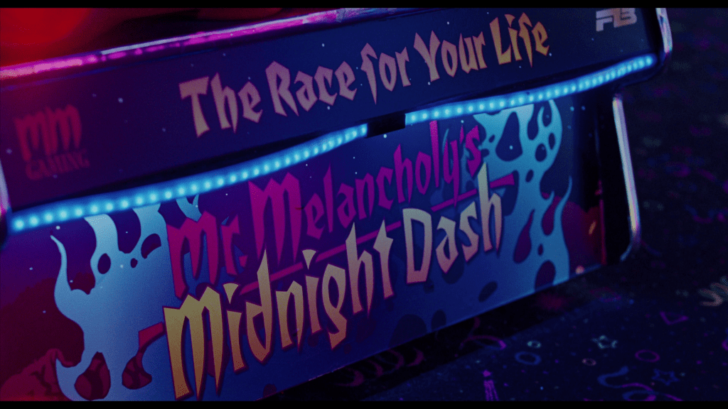 Another close-up of art from the side of the game showing the title "Mr. Melancholy's Midnight Dash" below a slogan "the race for your life"