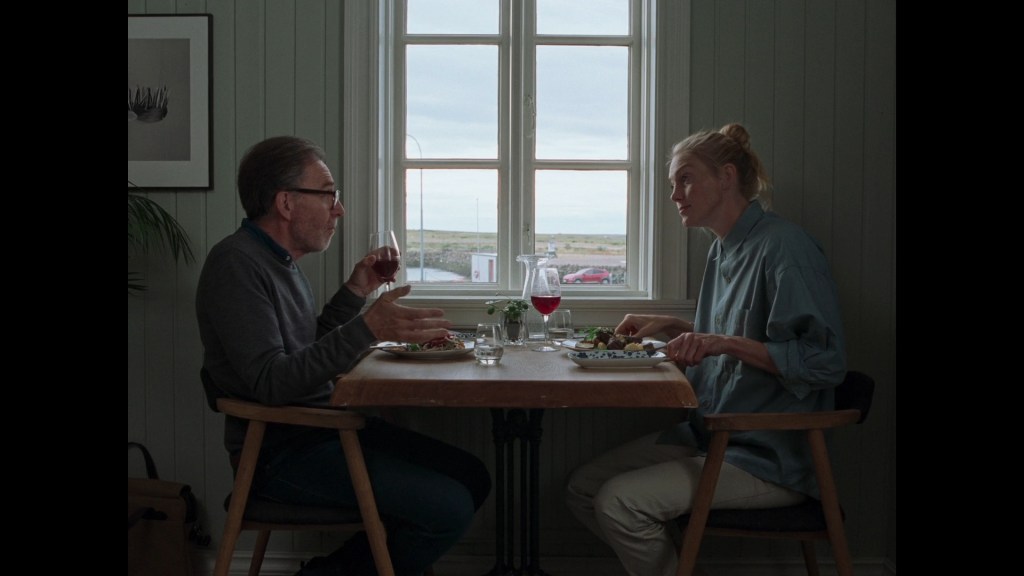 Medium long shot of Saga Garðarsdóttir's Anna listening patiently while her lunch companion pontificates over the meal they're eating in front of a window
