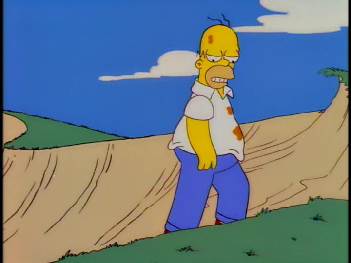 Medium shot of a disheveled Homer emerging from a sand trap