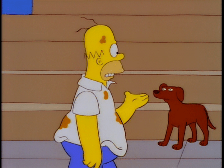 Medium close-up of Homer gesturing at a dog as he passes by the pro shop