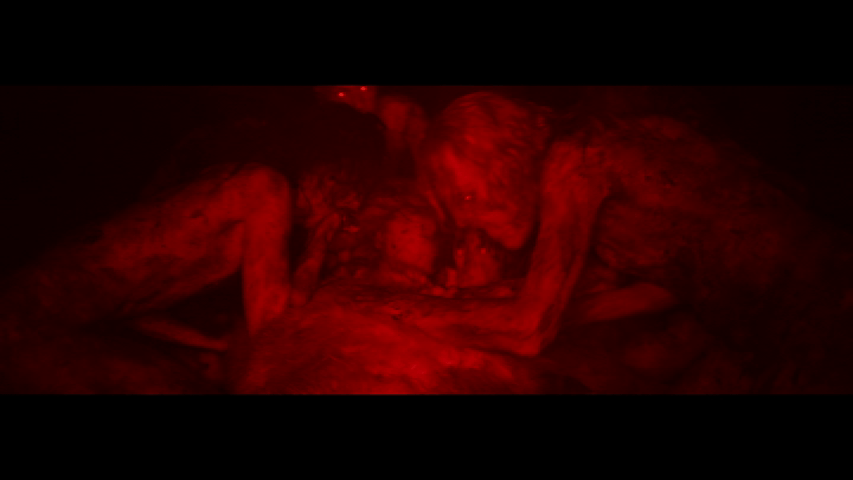 Continuation of the previous image: medium close-up of the infected who follow Samson feasting on the body of the deer he killed