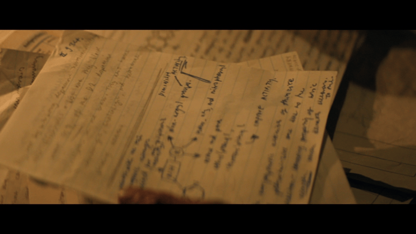 Close-up of sheets of paper covered in handwritten notes and diagrams